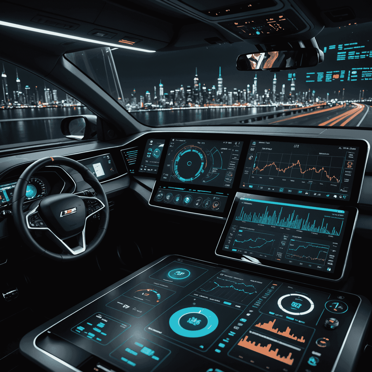 Visual representation of AI algorithms analyzing freight data and predicting future load volumes. The image shows a futuristic dashboard with graphs, charts, and predictive models.