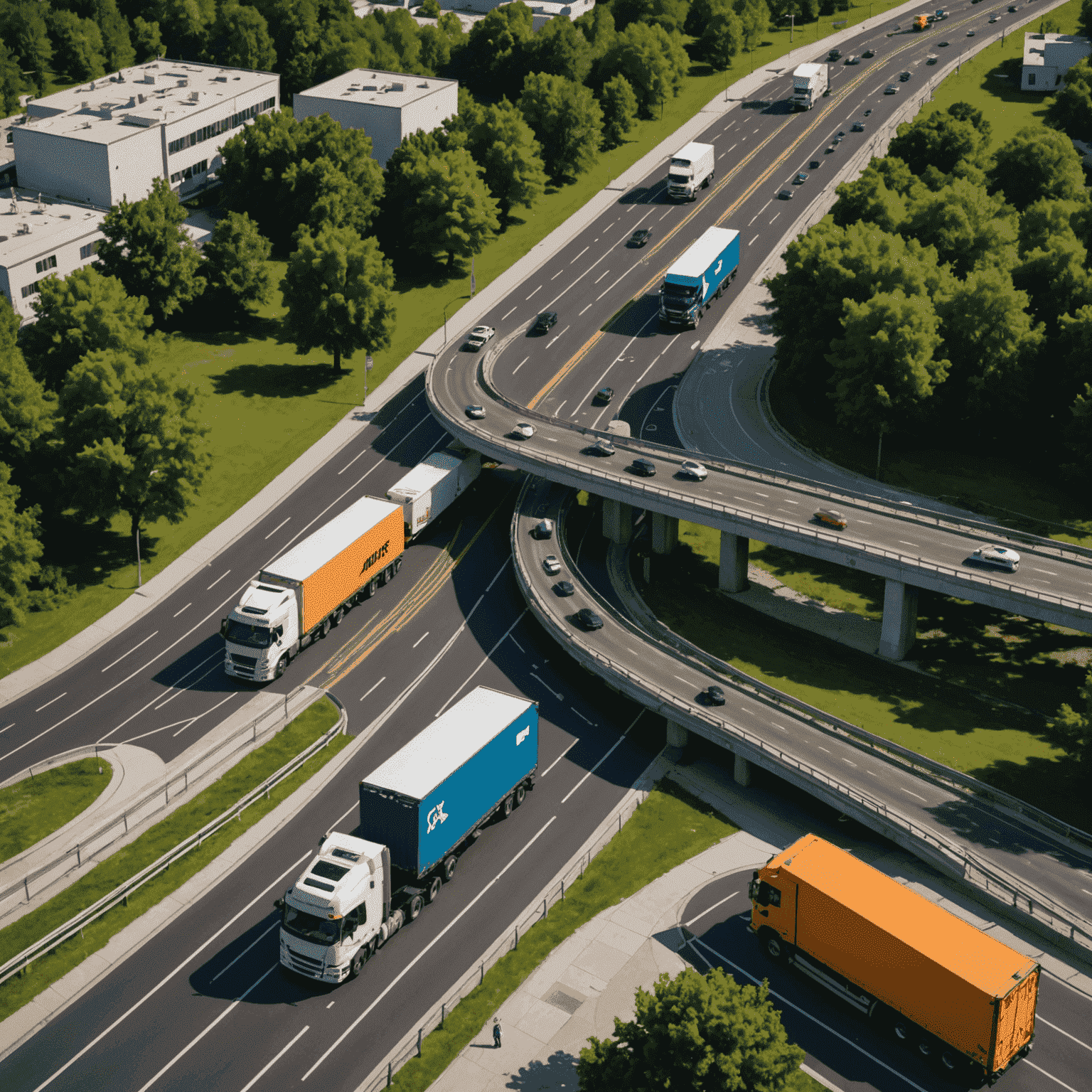 Map with optimized route highlighted, showing multiple stops and real-time traffic data. Trucks are depicted along the route with AI-generated suggestions for efficient paths.
