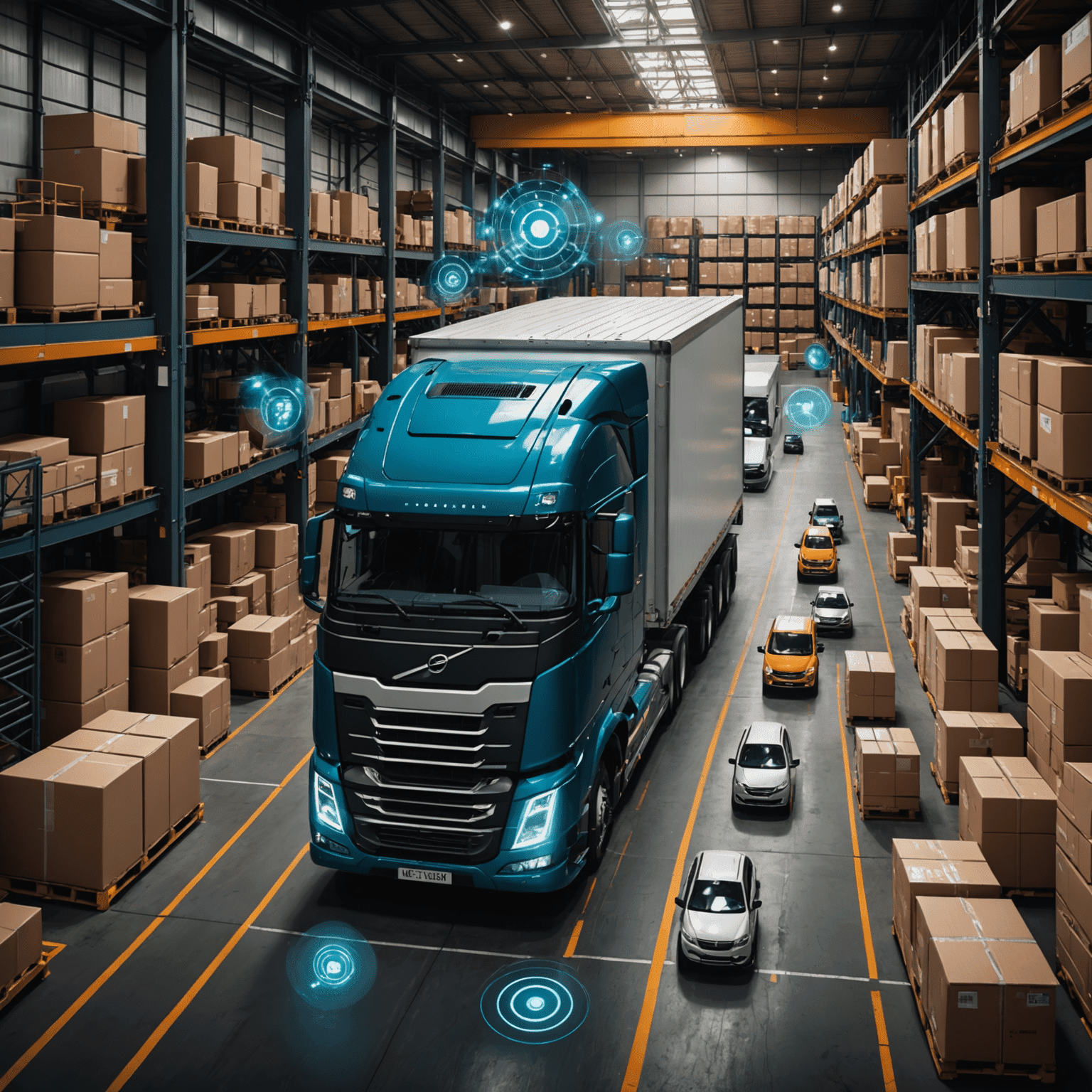 Network of connected devices and sensors on trucks and warehouses, with data streams flowing into a central analytics platform. Visualizations of big data processing and IoT device management are prominently displayed.